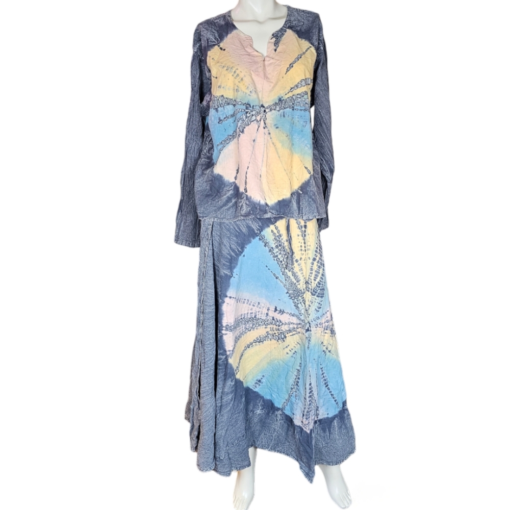 Belma New York Tie Dyed Longsleeve Shirt and Wrap Floor Length Skirt Set, EUC OS